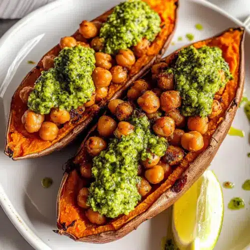 Baked Sweet Potatoes w/ Chickpeas & Broccoli Pesto