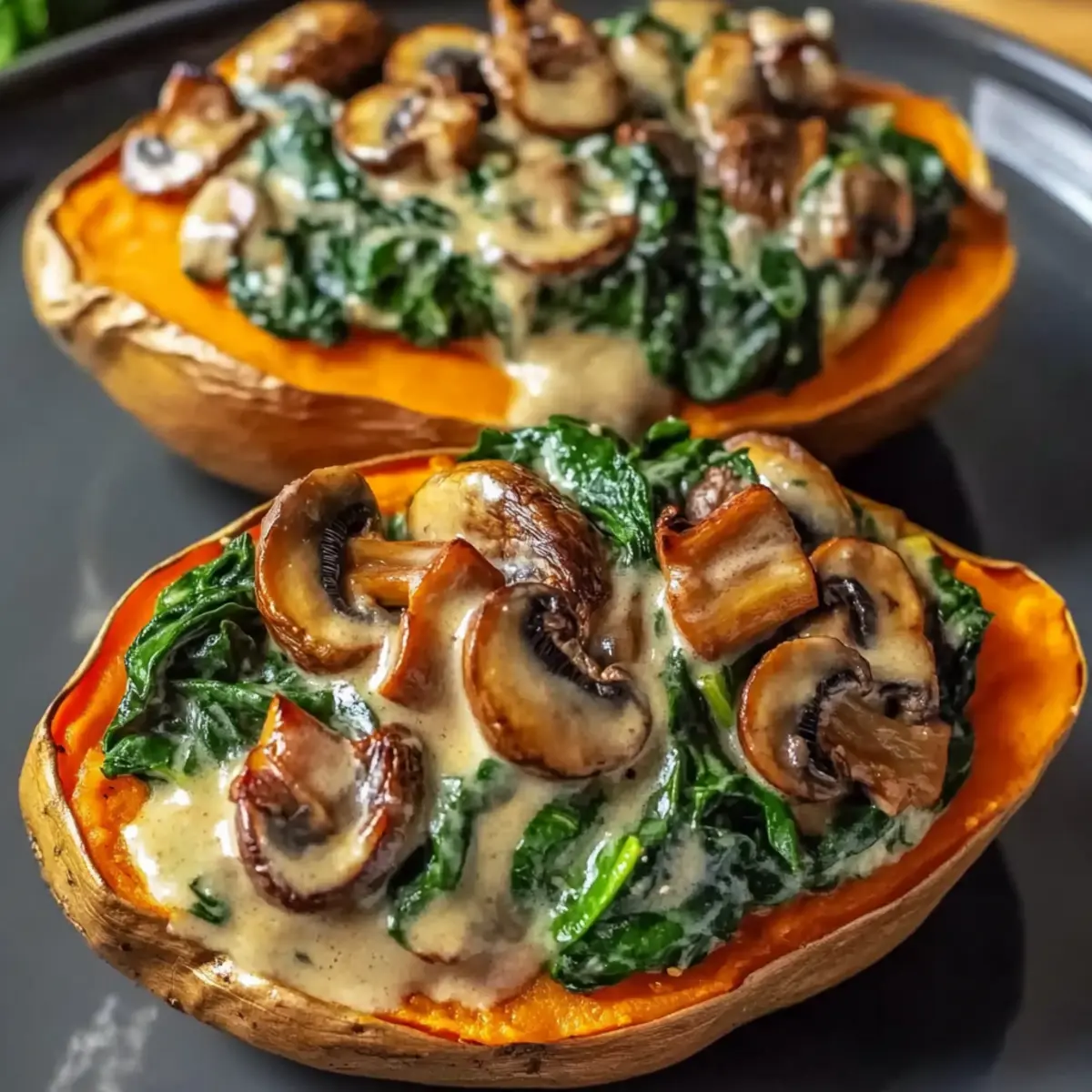 Creamy Mushroom and Spinach Stuffed Sweet Potatoes
